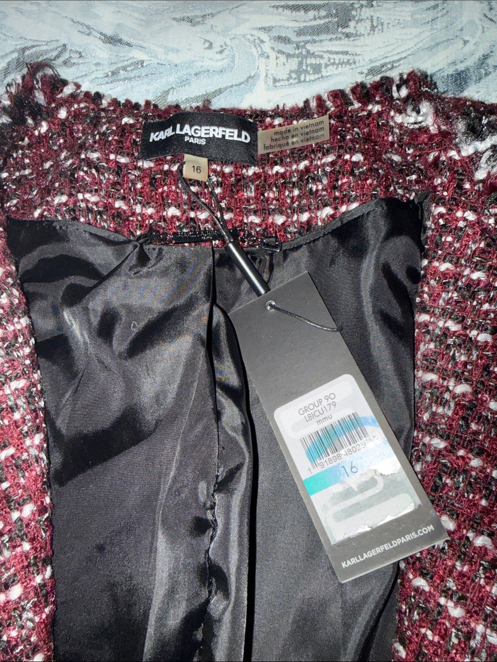 Karl Lagerfield -NWT Tweed Fringe Open-Front Jacket - Burgundy - Picture 2 of 5